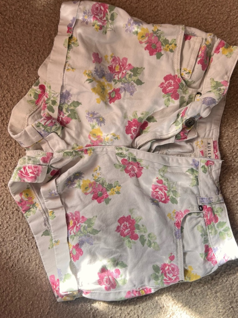Bullhead White Denim Shorts with Pink, Yellow & Lavender Floral Print